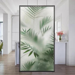 Privacy Glass Window Film Sun Blocking Glue-Free Bathroon Windows Film Green Plant Pattern Frosted Glass Door Decoration Film