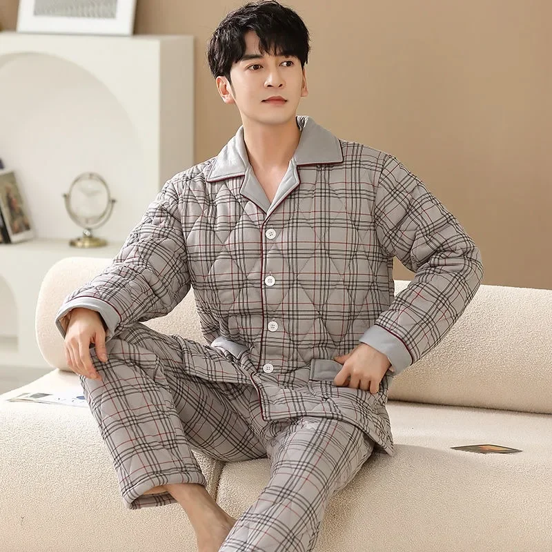 2024 New Winter Pure Cotton Pajamas Men's Loungewear Three-layer Thickened Knitted Cotton Sleepwear Autumn V-neck Homewear Sets