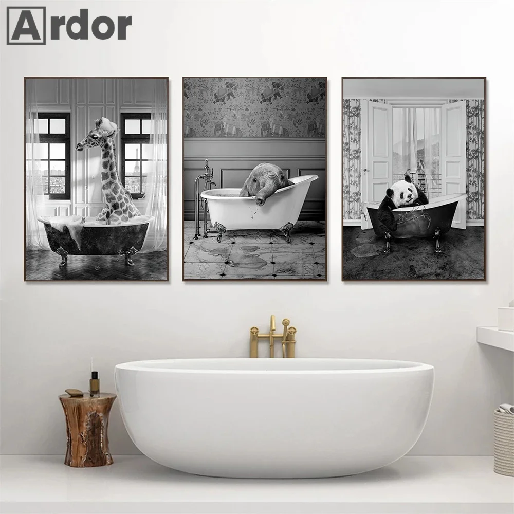 

Nordic Bathroom Animal Posters Elephant Giraffe Panda Toilet Bathtub Black White Canvas Painting Retro Wall Art Print Home Decor