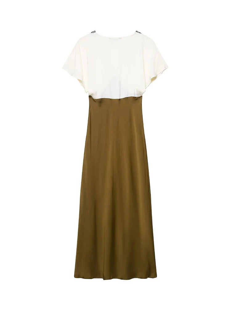 TFMLN المرأة الدانتيل الخامس الرقبة المرقعة فستان موضة عالية الخصر ضئيلة قصيرة الأكمام التباين فستان الحفلات الإناث فستان طويل أنيق #3