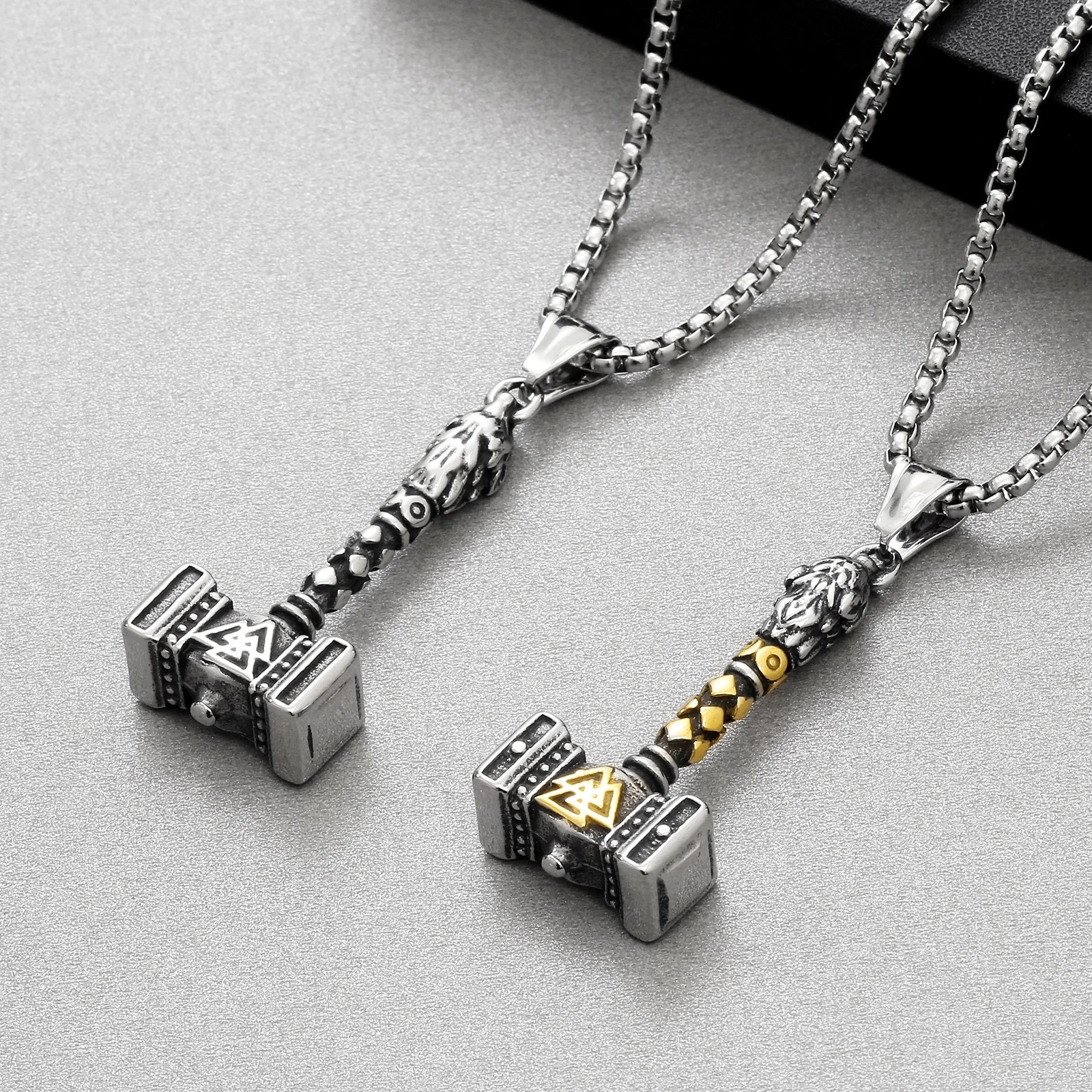 Punk Hip Hop Nordic Viking Thunder God Hammer Odin Totem Wolf Pendant Necklace Stainless Steel Long Chain For Men Boyfriend Gift