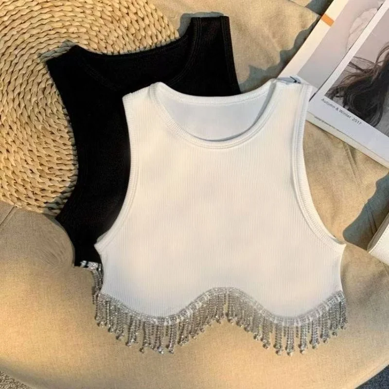 

Girls Summer T-shirt Childrens Sequin Performance Outfit Tassel Camisole Baby Girl Sweet and Spicy Dance Exposed Waist Short Top