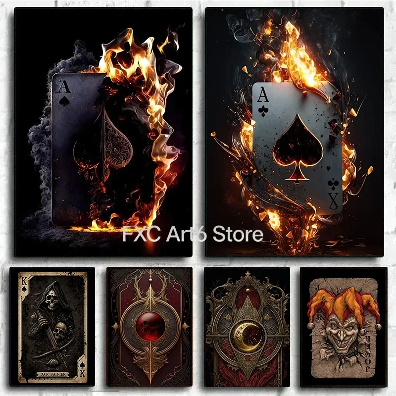 1PCS frameless Ace of Spade Playing Cards Canvas Painting Fire Skull Card Poster Print Poker for Living Room Wall Art Home Decor