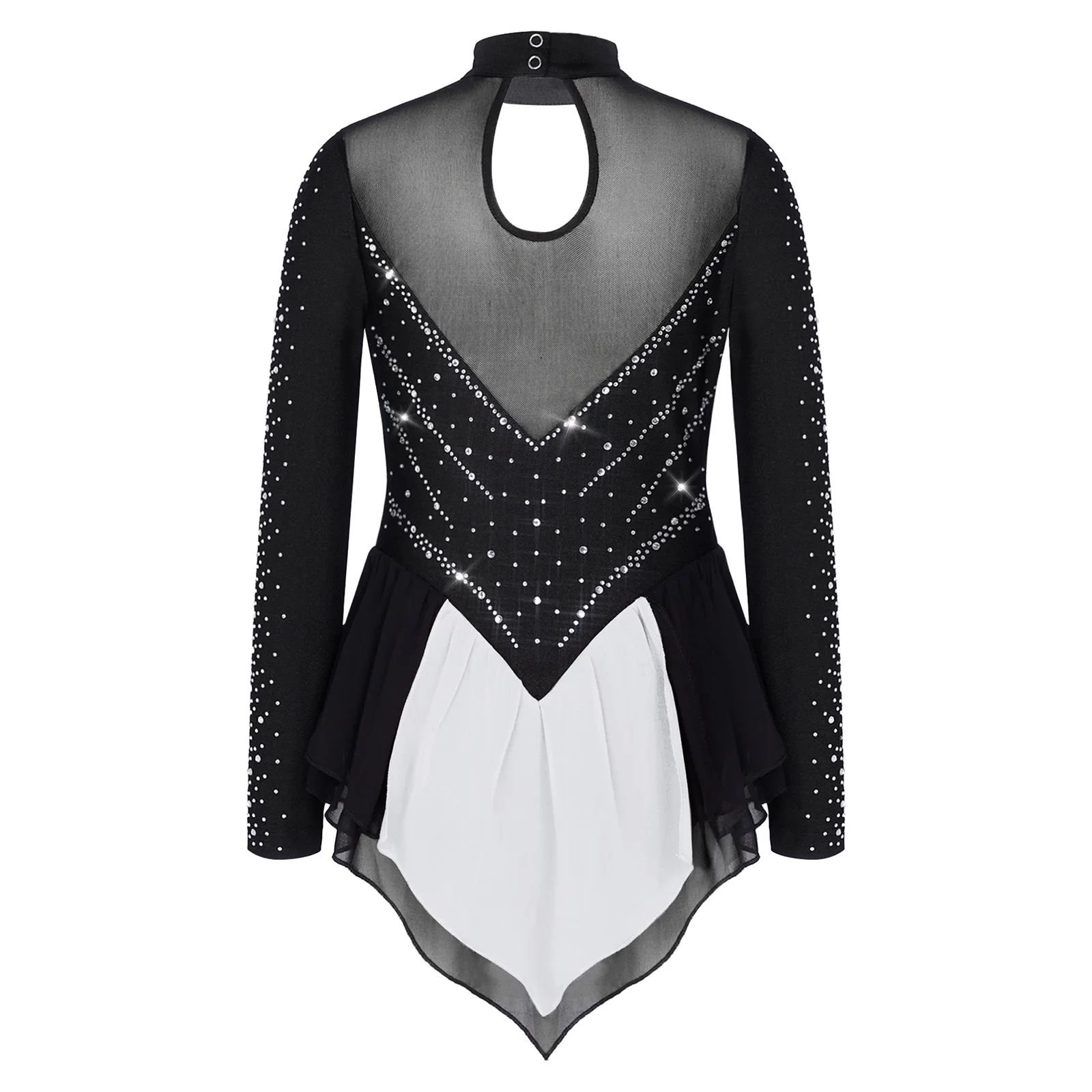 Kinder Mädchen Strass-Gymnastik-Trikot Eiskunstlauf Ballett Lyrisches Tanz-Auftrittskostüm Trikotkleid mit unregelmäßigem Saum – Detail 5