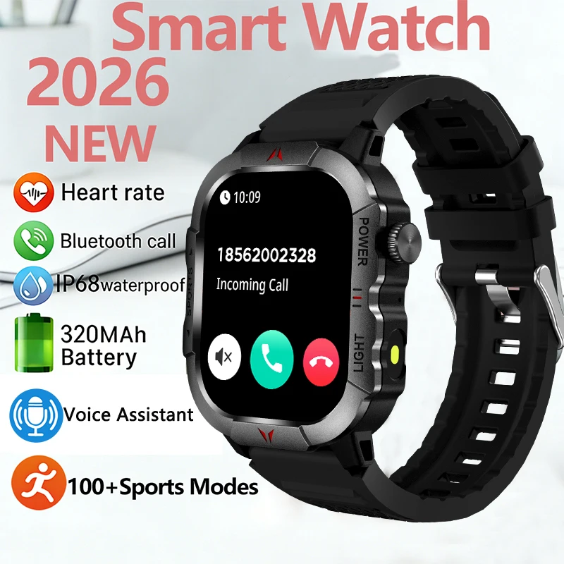 

2026 Outdoor Smart Watch for Men 2.01"HD 240*296 Bluetooth Call IP68 Waterproof Heart Rate Monitor 400mAh Android iOS Flashlight