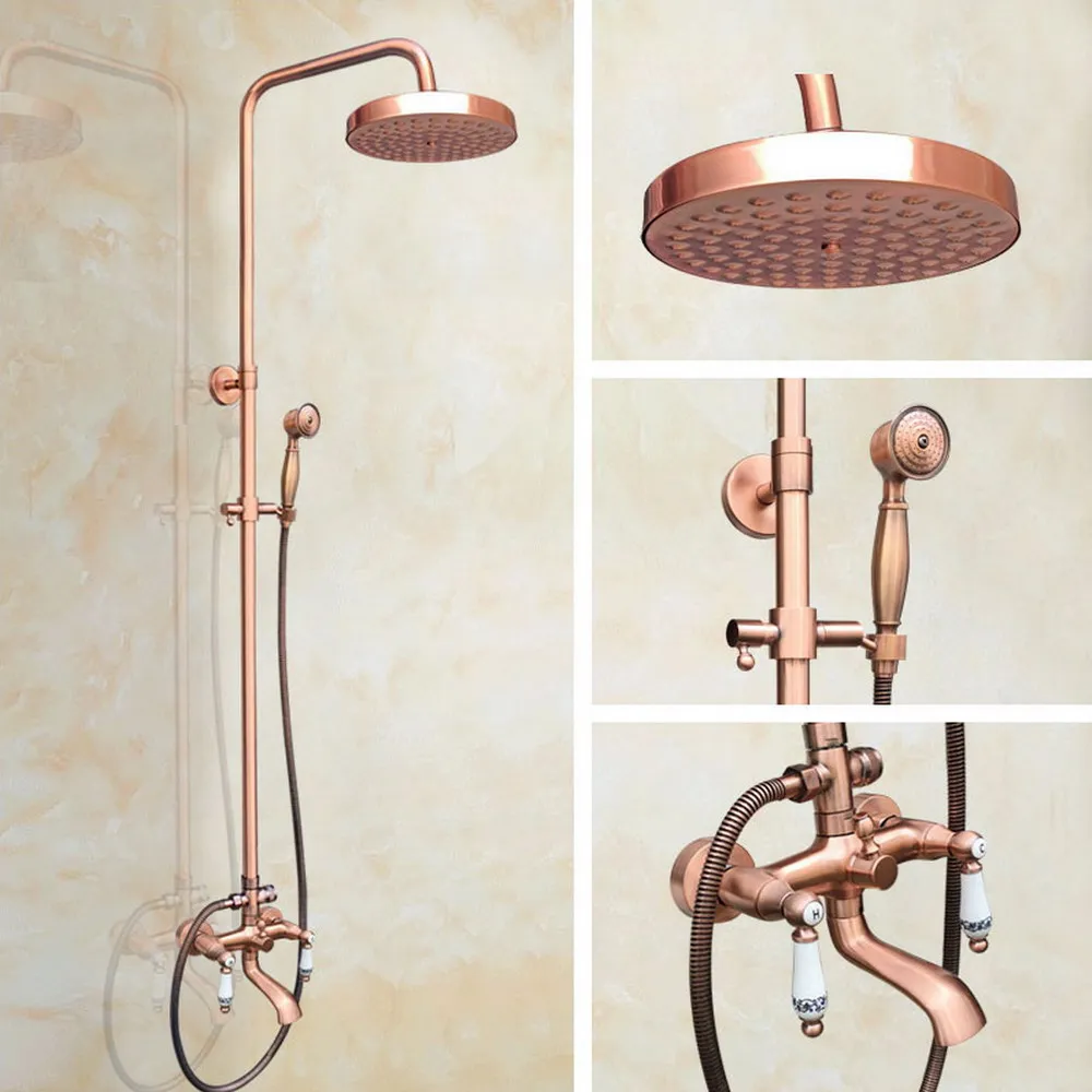 

Antique Red Copper Brass Bathroom Round Rainfall Rain Shower Faucet Set Tub Mixer Tap Wall Mounted arg542