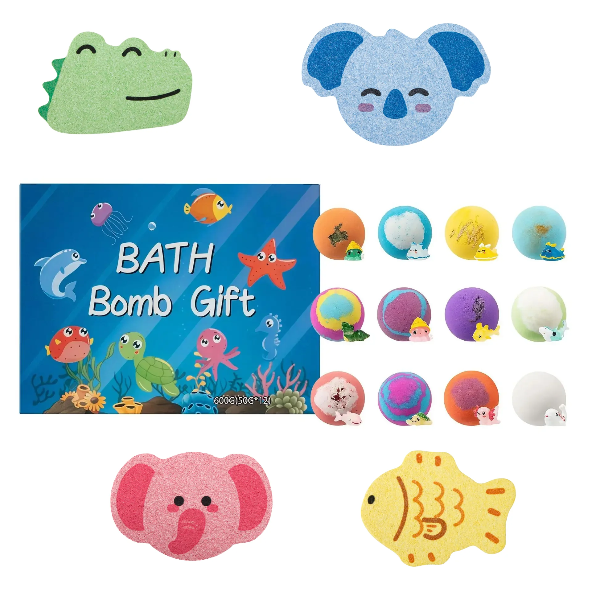 12PCS Kids Bath Bombs Gift Set with Surprise Toys & 1 Bath Sponge – Bubble Bath Balls for Boys Girls, Gentle Skin Care