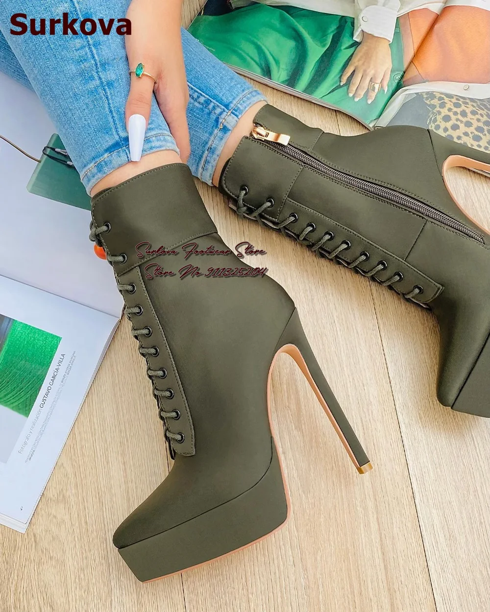 Surkova Neon Yellow Pink Lycra Fabric Stiletto Heel Ankle Boots Platform Pointed Toe Lace-up Short Booties Elegant Dress Shoes