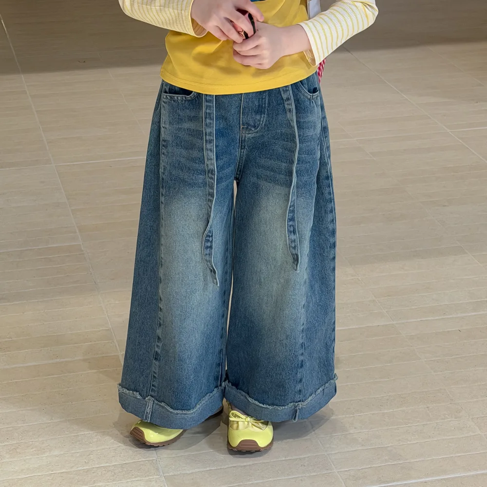 2026 Autumn Girls' Korean Retro High-end Wide Leg Pants Children's Casual Loose Jeans