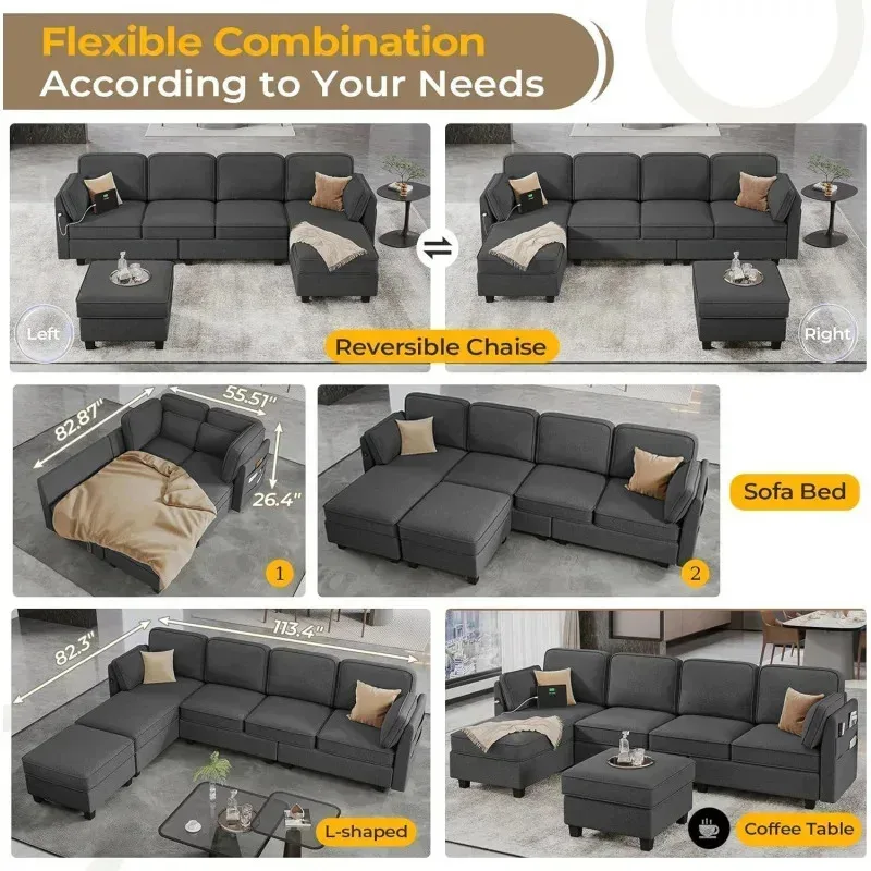 QAZ8-Hait 113''Sectional Sofa with Storage Seats.U Shaped Convertible Sofa Couch with Large Reversible Chaise.Comfy Chenille Sof