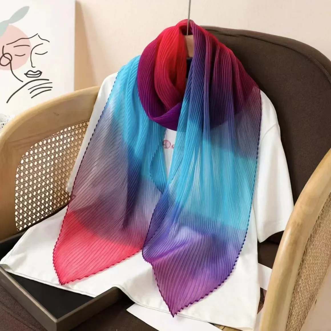 New Rainbow Gradient Scarf Summer Fashion Colorful Crease Multi functional Scarf Versatile Shawl Thin Beach Scarf