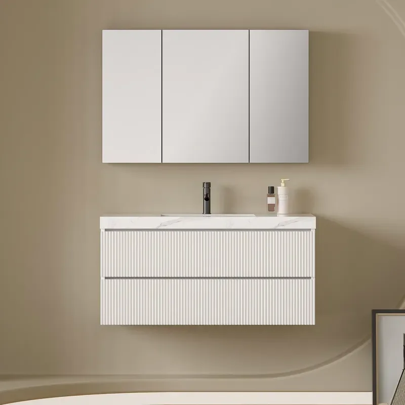 White Color Wall Mounted High-end Slab Rock Countertop Storage Cabinet 18MM PVC Wall Hung Ceramic Wash Basin Bathroom Vanity