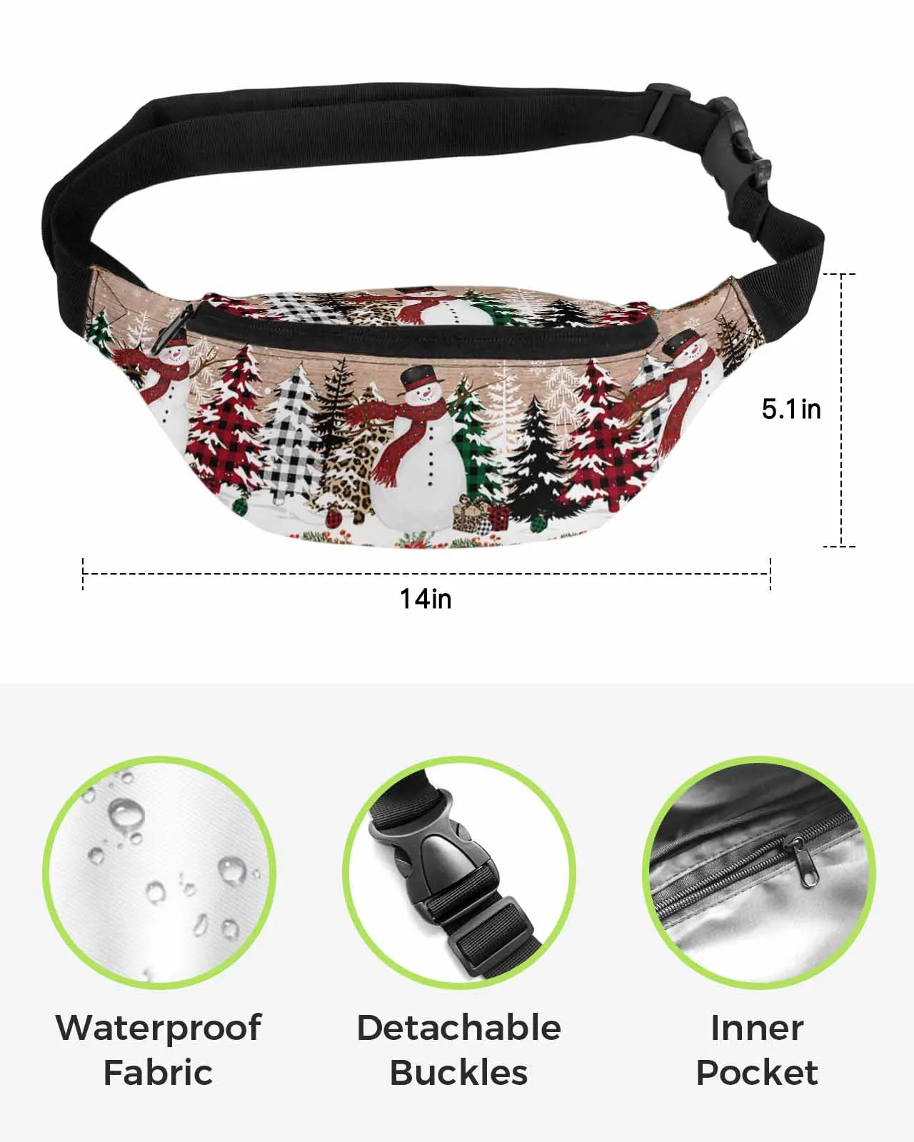 Snow Christmas Tree Snowman Retro Wood Grain   Men Women Waist Bag  Belt Bag Wallet Pouch Waterproof Banana Hip Bags