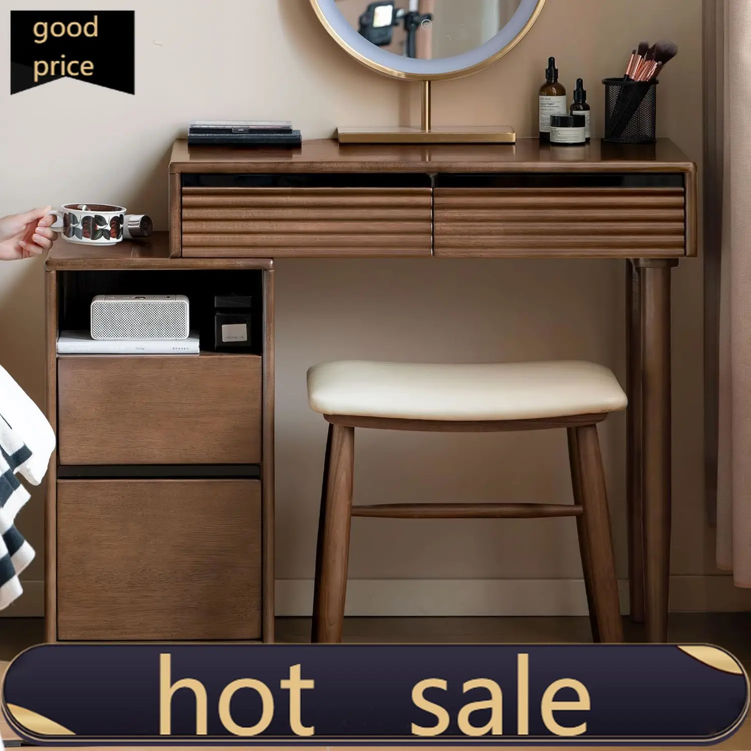 YESWOOD Extendable Vanity Desk with Dresser, Rubber Wood Makeup Table for Girls, Vanity Set for Bedroom, Barthroom, Study Desk f