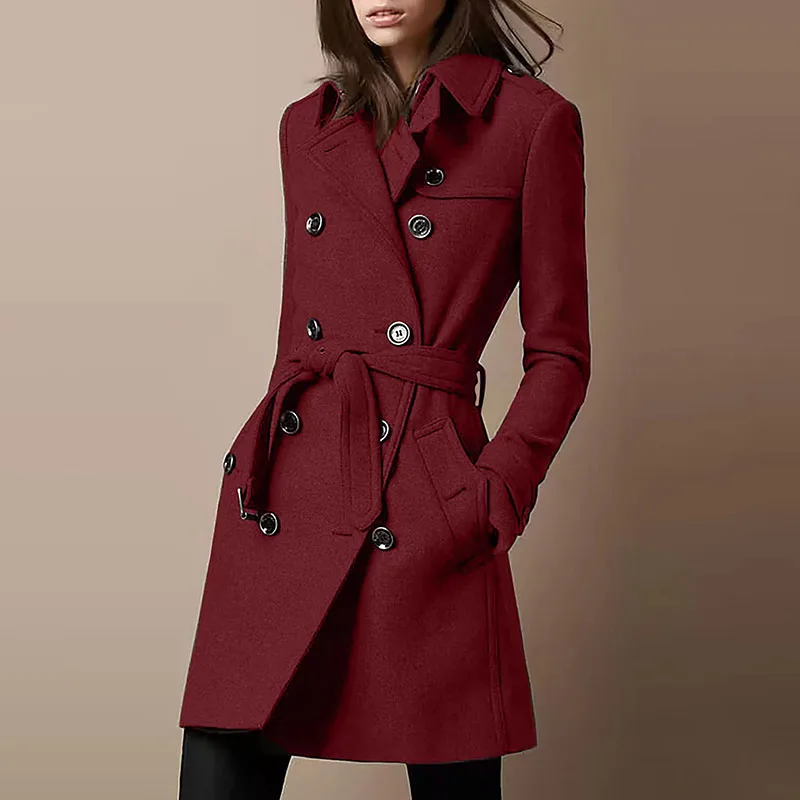 Autumn Winter Double-breasted Wool Coat Casual Solid Color Lapel Lace-up Blazer All-match Ladies Pocket Slim Cardigan Jacket New