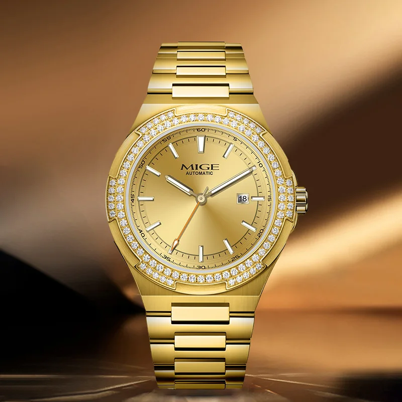 MIGE Herrenuhren, mechanische Automatikuhr, wasserdicht, Top-Marke, Diamant, luxuriös, leuchtender Kalender, Armbanduhr aus Edelstahl