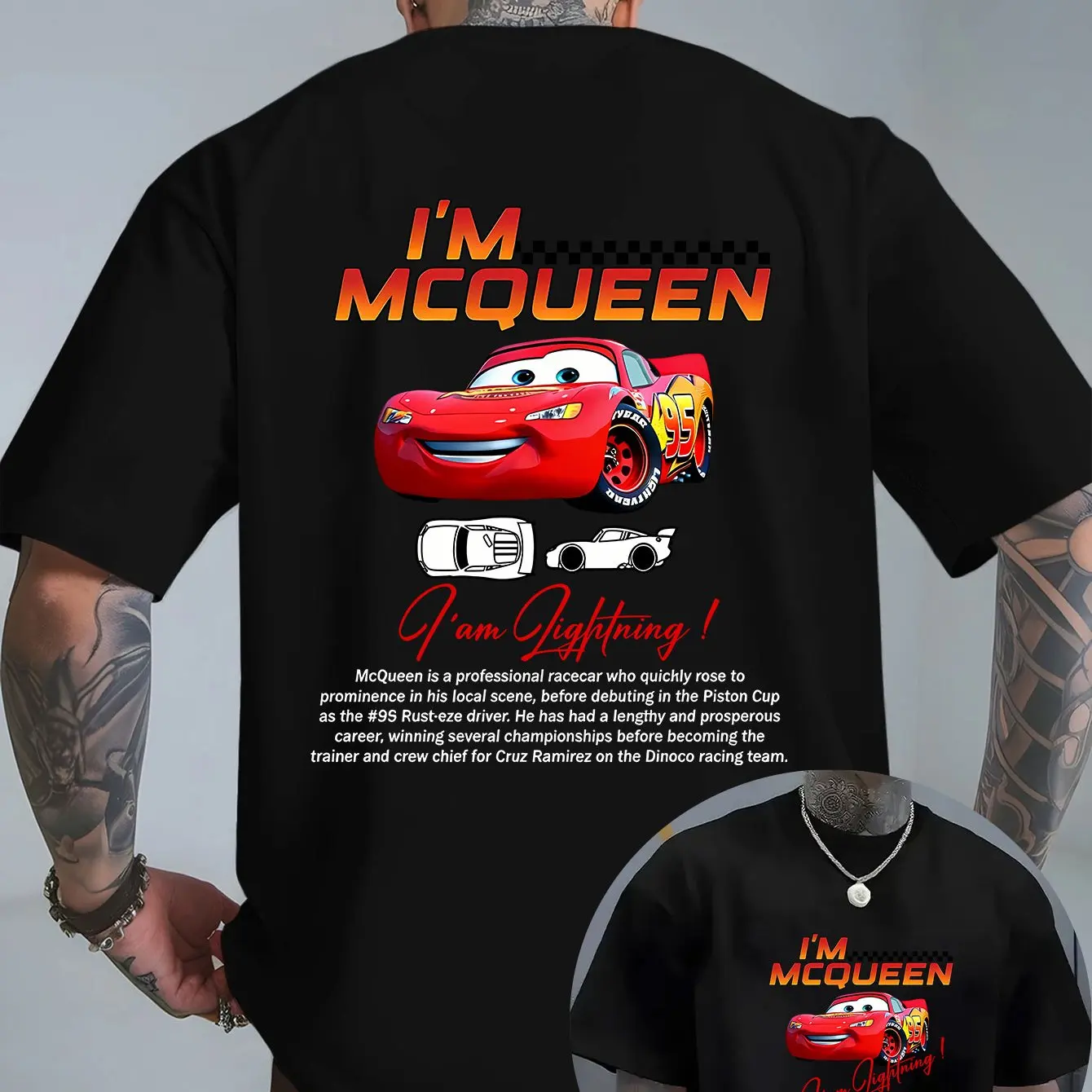 T-shirt imprimé avec motif de voitures colorées McQueen sur le devant et le dos, décontracté et à la mode pour hommes