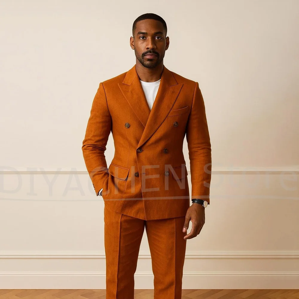 

Men's Linen Suit Set Stylish Double Breasted Blazer and Pants 2 Piece Outfit for Formal Business Wedding Party Tailored Suits