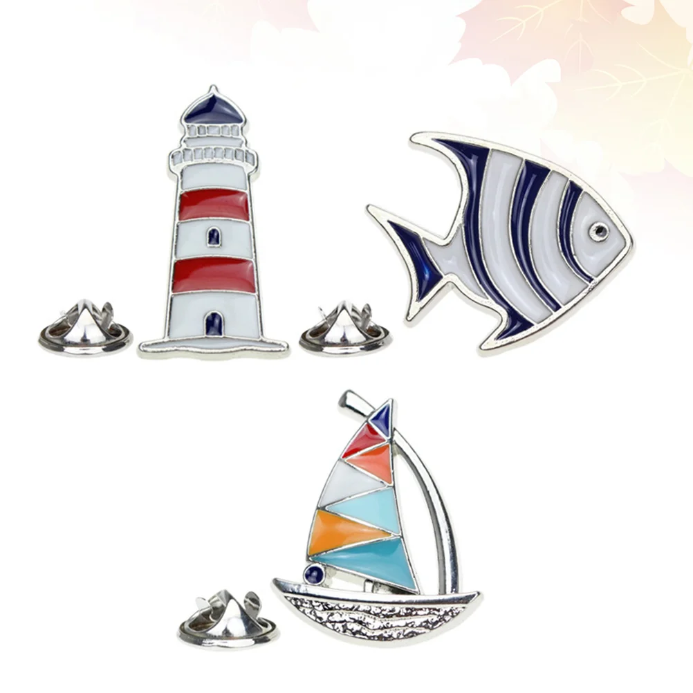 3pcs Navy Style Brooch Cartoon Tropical Fish Sailboat Lighthouse Brooch Alloy Brooch Jewelry brooch pin