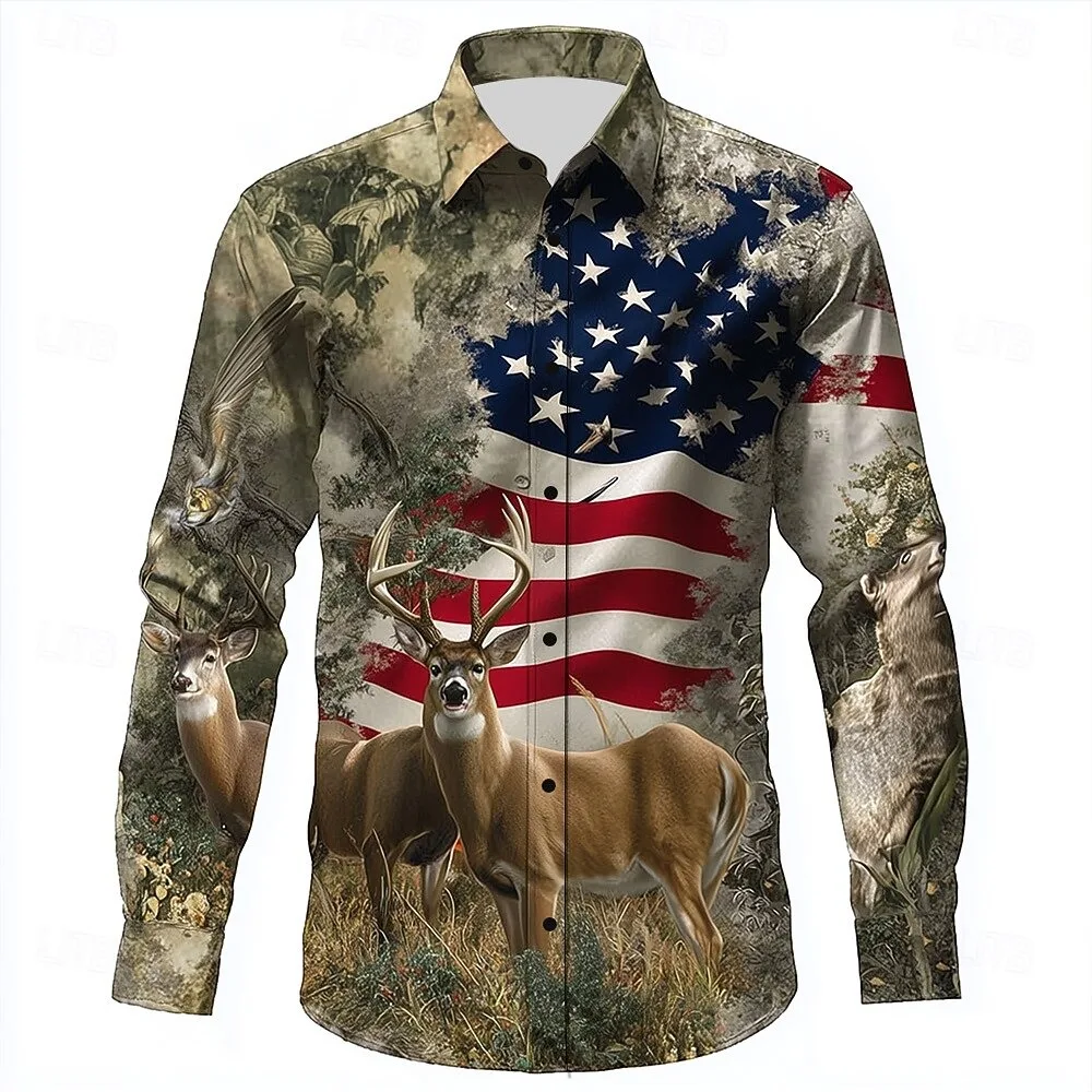 New men's reindeer camouflage long sleeved shirt 3D skull print shirt button casual long sleeved men's shirt