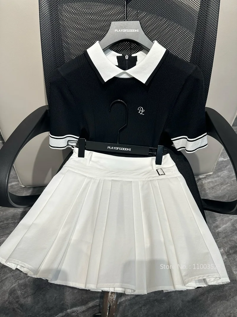 2024 Female Golf Clothing Women Knitted Short Sleeved Shirt Slim Elastic Quick Dry Golf Top Lady Pleated Skirt High Waist Skorts