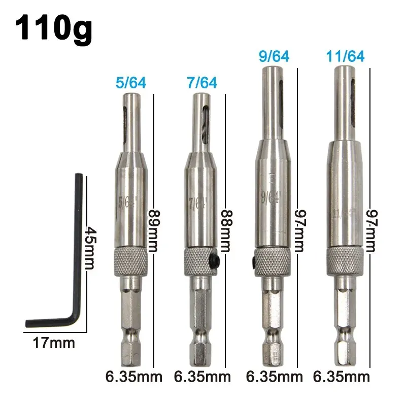 4pc Silver Door and Window Hinge Hole Opener for Woodwork Hexagonal Handle Position Irregular Drilling Tool Hinge Drill Set