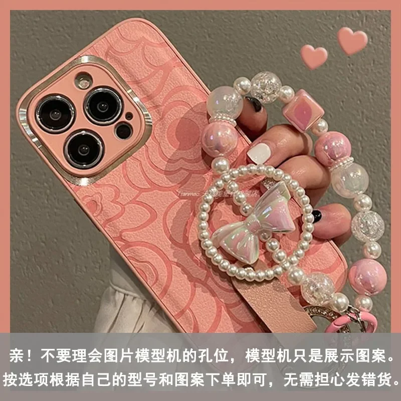 New for iphone 15 Metal Ring Leather Camellia Case 14promax Gold Rhinestone Ring Bow Bracelet 13 12pro 11 Xsmax Protection Cover