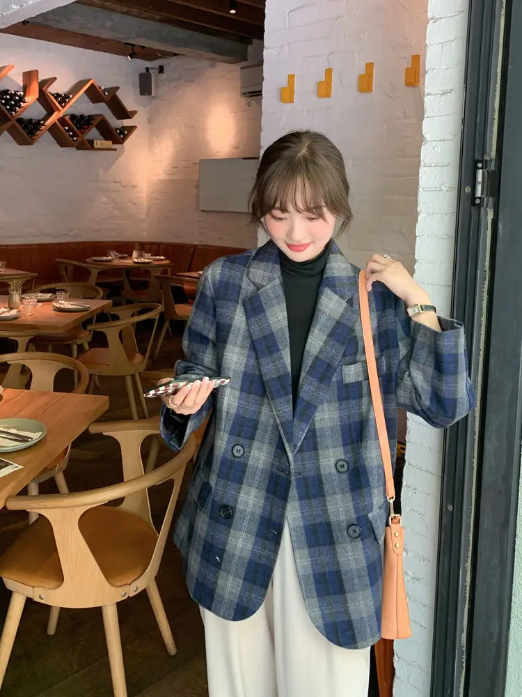 

Insozkdg New High end Wool Plaid Suit Jacket Women Clothing Winter Coat Korean Fashion Suit Loose Casual Wool Coat Women Tops