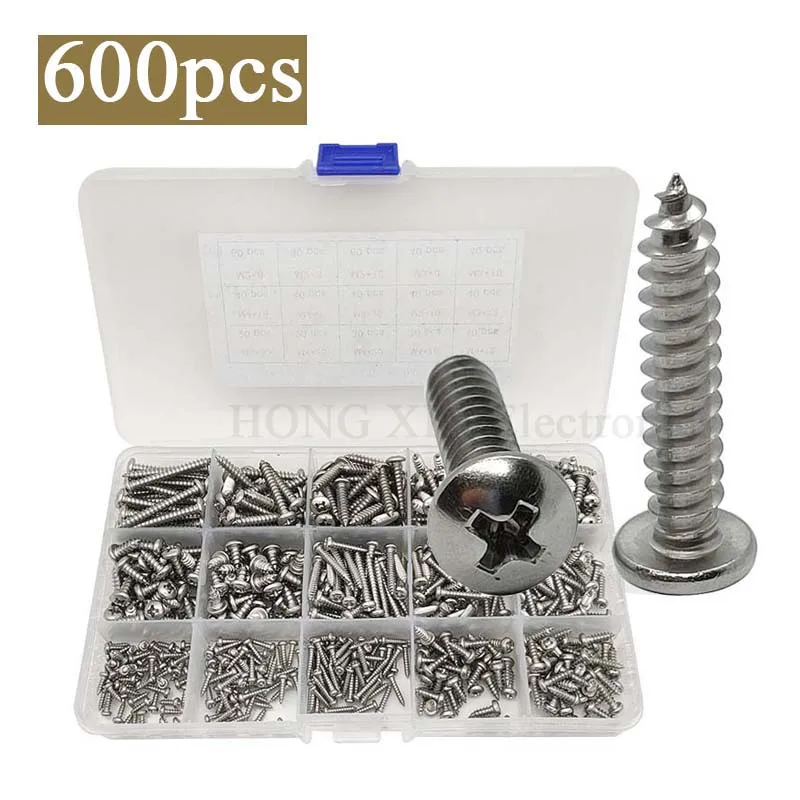 

600Pcs 304Stainless Steel Pan Head Wood Screws Assortment Set,M2 M3 M4 Phillips Round Head Self Tapping Screws