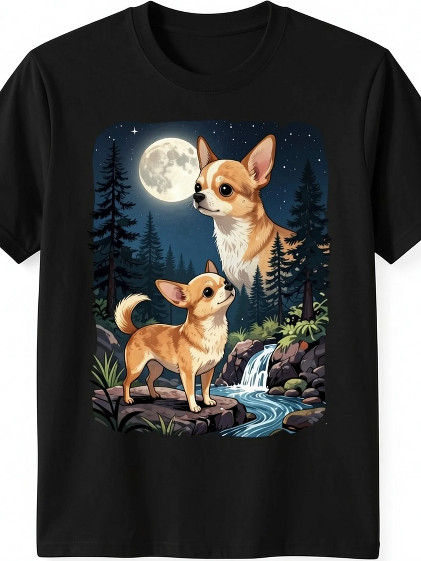 Vintage Small Sheepdog Barking Under the Moon T-Shirt - Vintage small sheepdog dog pattern T-shirt, round neck casual shirt, suitable for all seasons, machine washable, ideal for small sheepdog lovers, suitable for everyday wear in all seasons