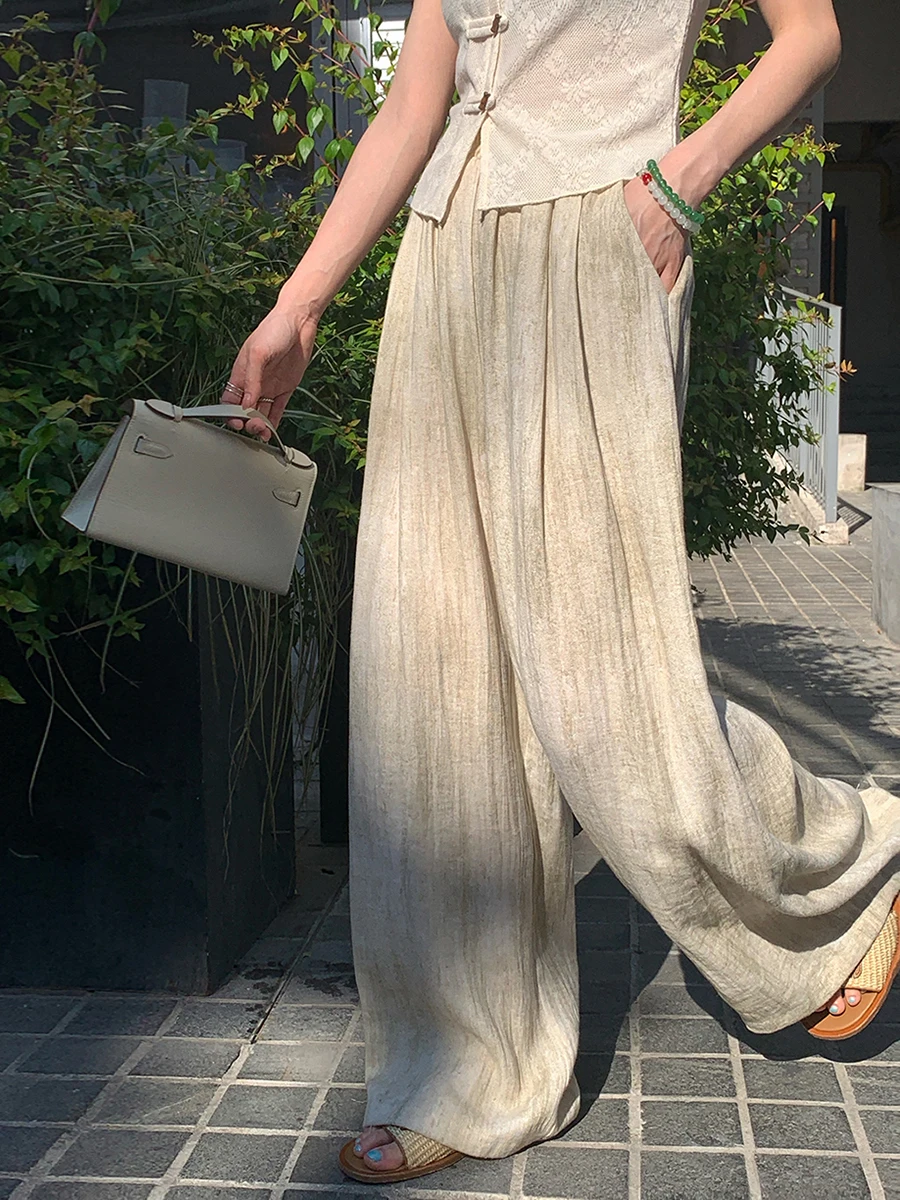 

Zhang Beibei Women's Loose Wide Leg Pants Thin Cotton Linen Texture Design Summer Slimming Casual Trousers