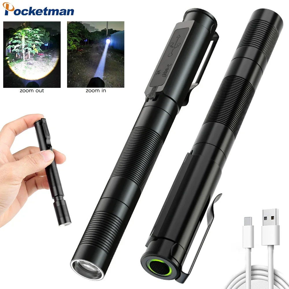 

Mini Pen Light USB Rechargeable Flashlight Zoomable Penlight 3 Lighting Modes Pocket Torch Camping Emergency Lights with Battery