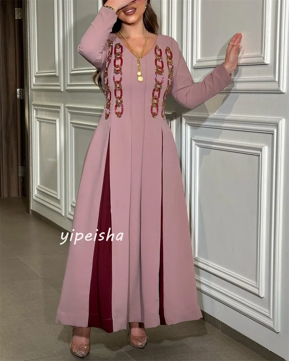 Customized Prom Gown Jersey A-line V-neck Long Sleeves Dresses Exquisite High Quality Occasion Formal Evening Dress for Women
