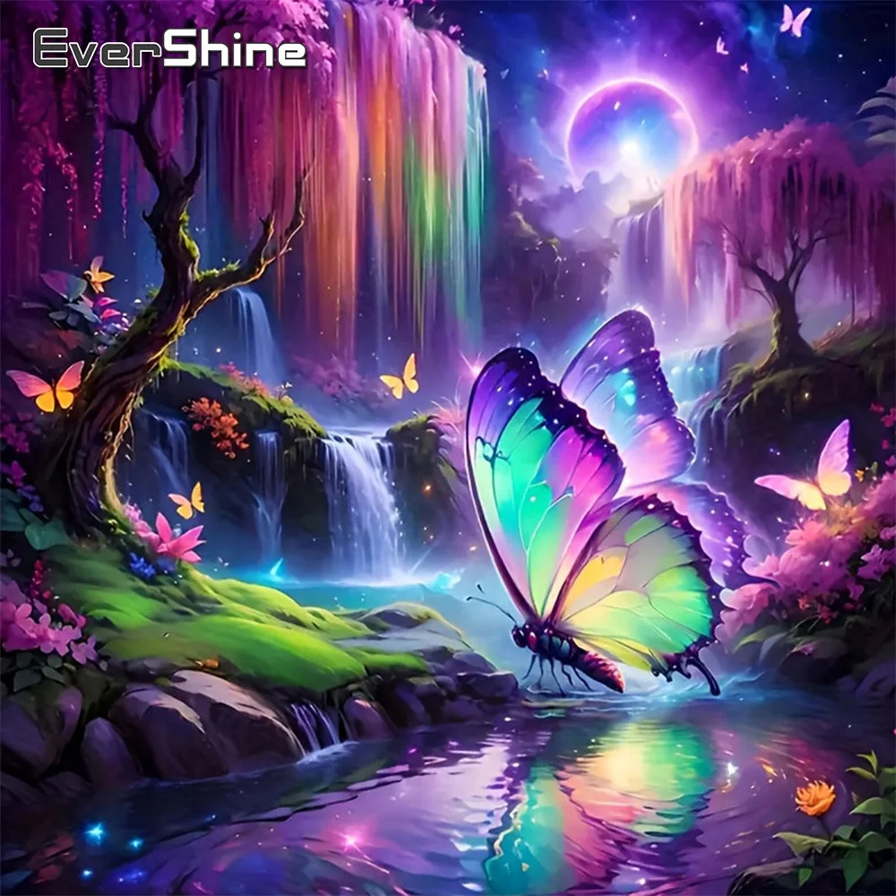 Evershine Diamant-Stickerei Wasserfall-Landschaft Strass-Bild Mosaik Schmetterling Vollflächiges Gemälde Mond Handwerk Wandkunst