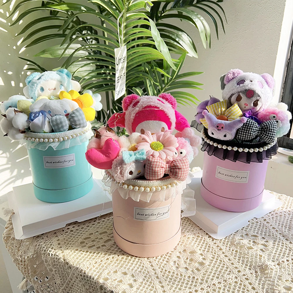 Kawaii Cinnamoroll Doll Bouquet Hello Kitty Kuromi Melody Sanrioed Anime Plush Decorate Lamp Birthday Girlfriend Festival Gift