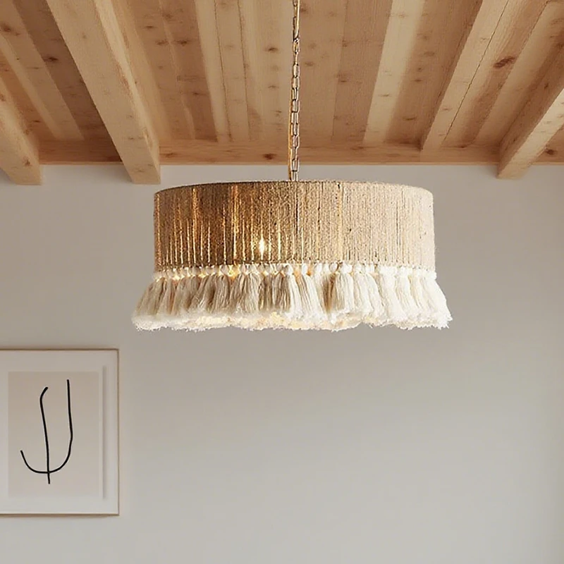 Nordic LED Chandelier With Tassels Hand Woven Hemp Rope Pendant Lights Living Room Bedroom Restaurant Pendant Lamp Decor Home
