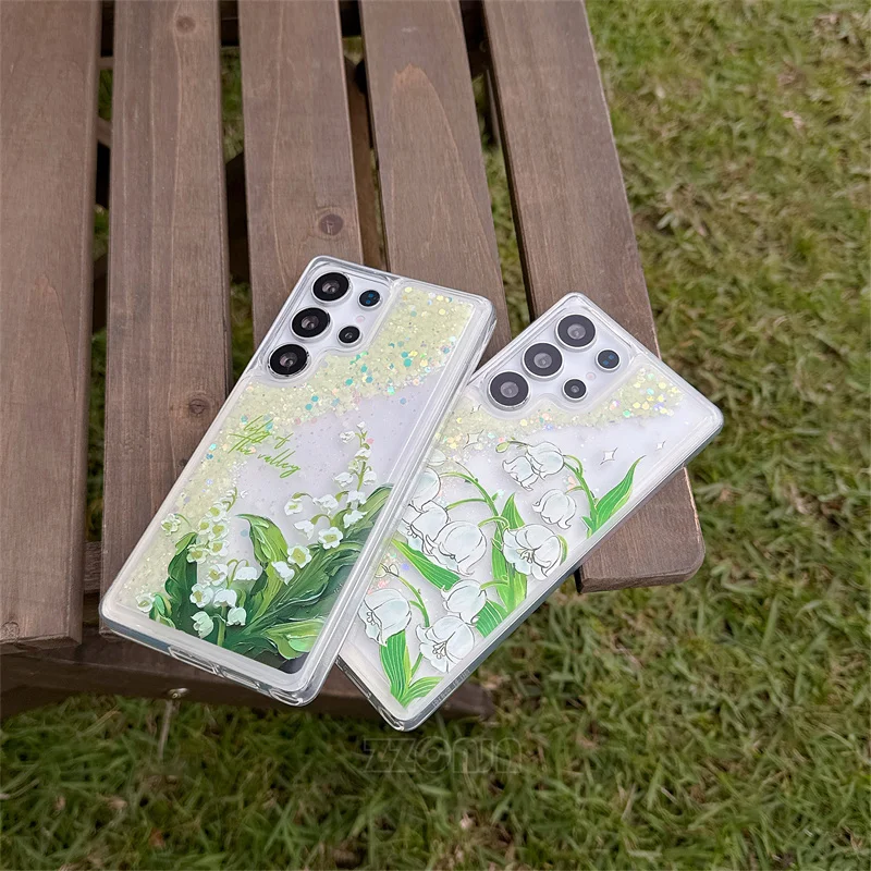 Luminous Lily of the Valley Flowers For Samsung Galaxy S24 Ultra S23 FE S22 S21 Plus Note 20 Case Liquid Quicksand Glitter Cover