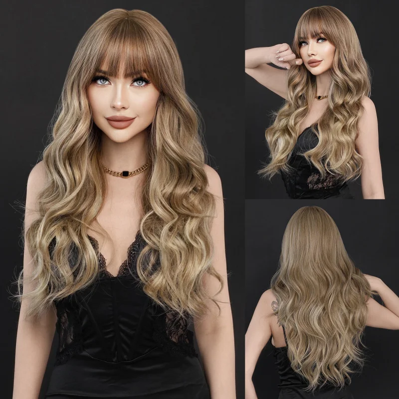 High-quality European and American women's long curly hair in hazelnut beige brown with air bangs, full head wig