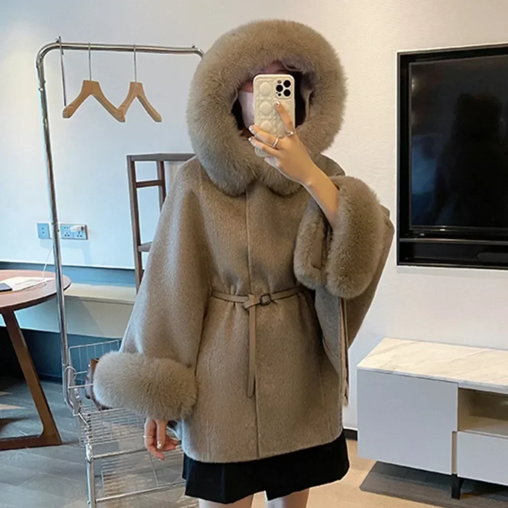 Real Fox Fur Woolen Jacket 2024 New Fashion Winter Women\'s Hooded Belt Warm Luxury Thick Female Coat Cloat Type Batwing Sleeve