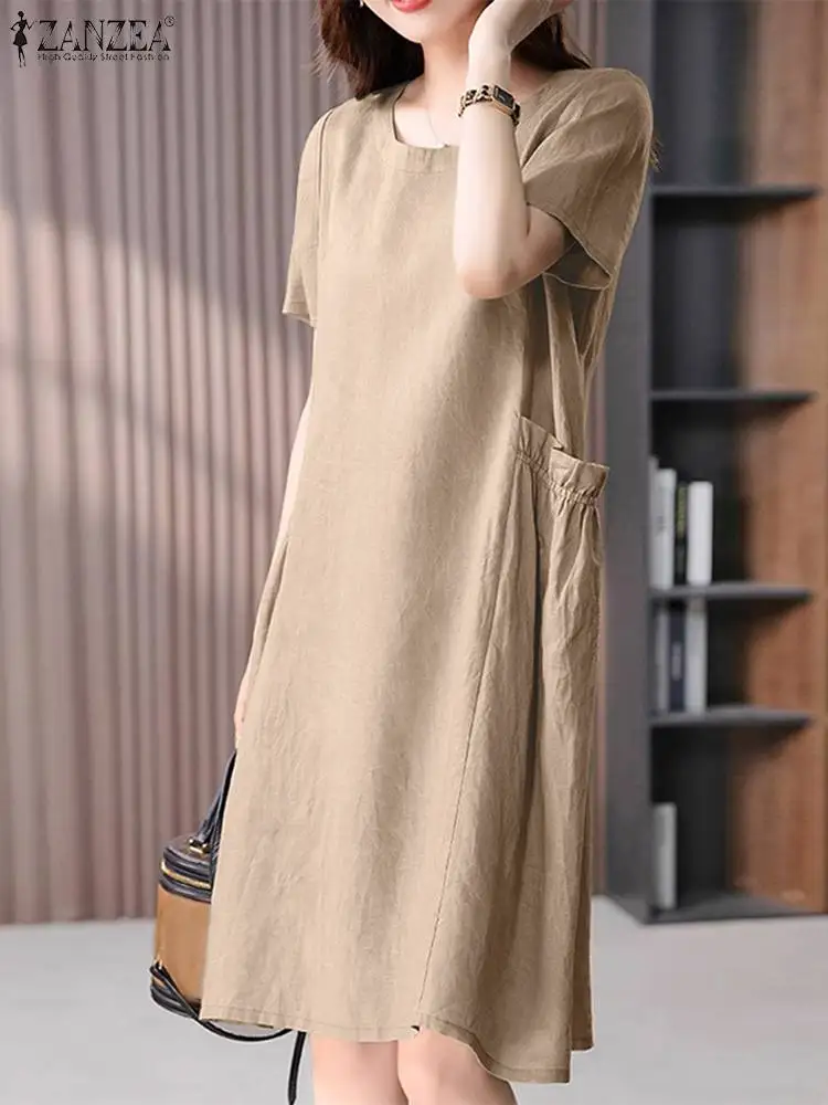 Summer Fashion Short Sleeve Solid Dress ZANZEA Women Casual Baggy Vestidos O Neck Knee Length Robe Femme Work Party Sundress