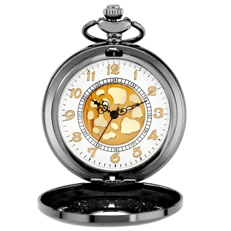 Retro Schwarz Hohl Dense Gold Finish Elegante Blumen Quarz Steampunk Taschenuhr Anhänger Fob Kette Antike Taschenuhr Uhr Geschenke