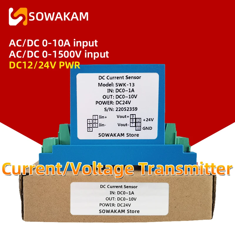 

K13 AC Current Voltage Transmitter 0-100mA 1A 5A 10A Input 1000V 0-10V 4-20mA DC24V Power Supply DC Analog Signal Converter