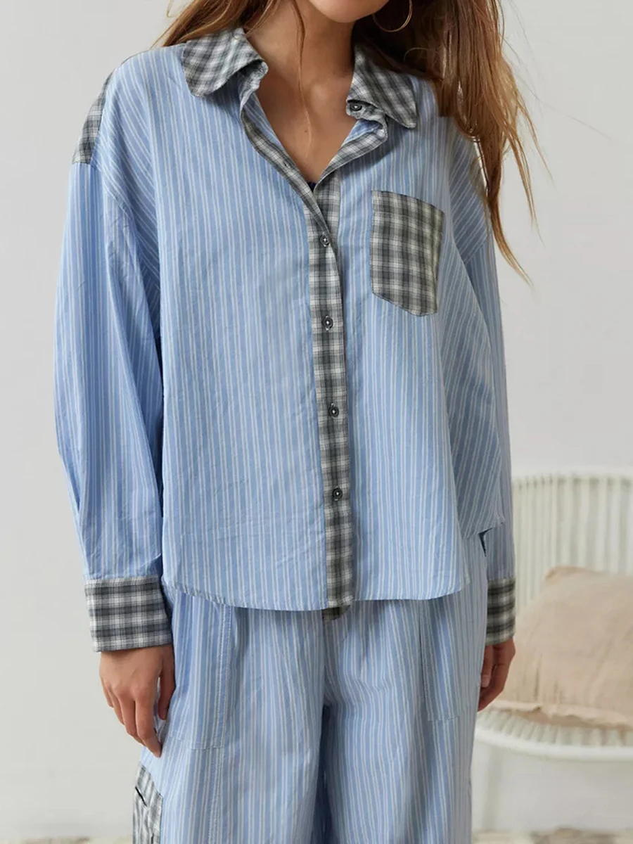 Set pigiama da donna, camicia a maniche lunghe con chiusura a bottone scozzese con pantaloni elastici in vita pigiameria Loungewear