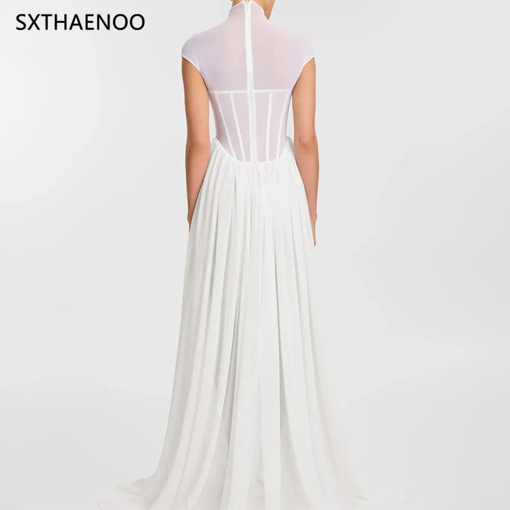 SXTHAENOO Romantico etereo Collo alto Ispirato da sposa Abito lungo bianco trasparente Abito da sera per festa di nozze Abiti 2025