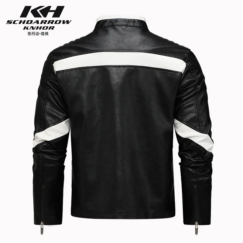 Men Leather Jackets Coat Men's Trend Motorcycle PU Leather Jacket Autumn Stand-up Collar Black White Contrast Color Jackets Man