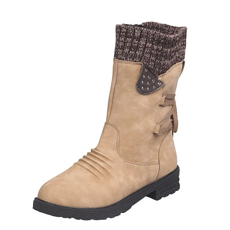 New Womens Knit Boots Low Heel Back Lace Up Platform Round Toe Mid-Calf Boots Fashion Autumn Winter Botas Mujer Plus Size 36-43
