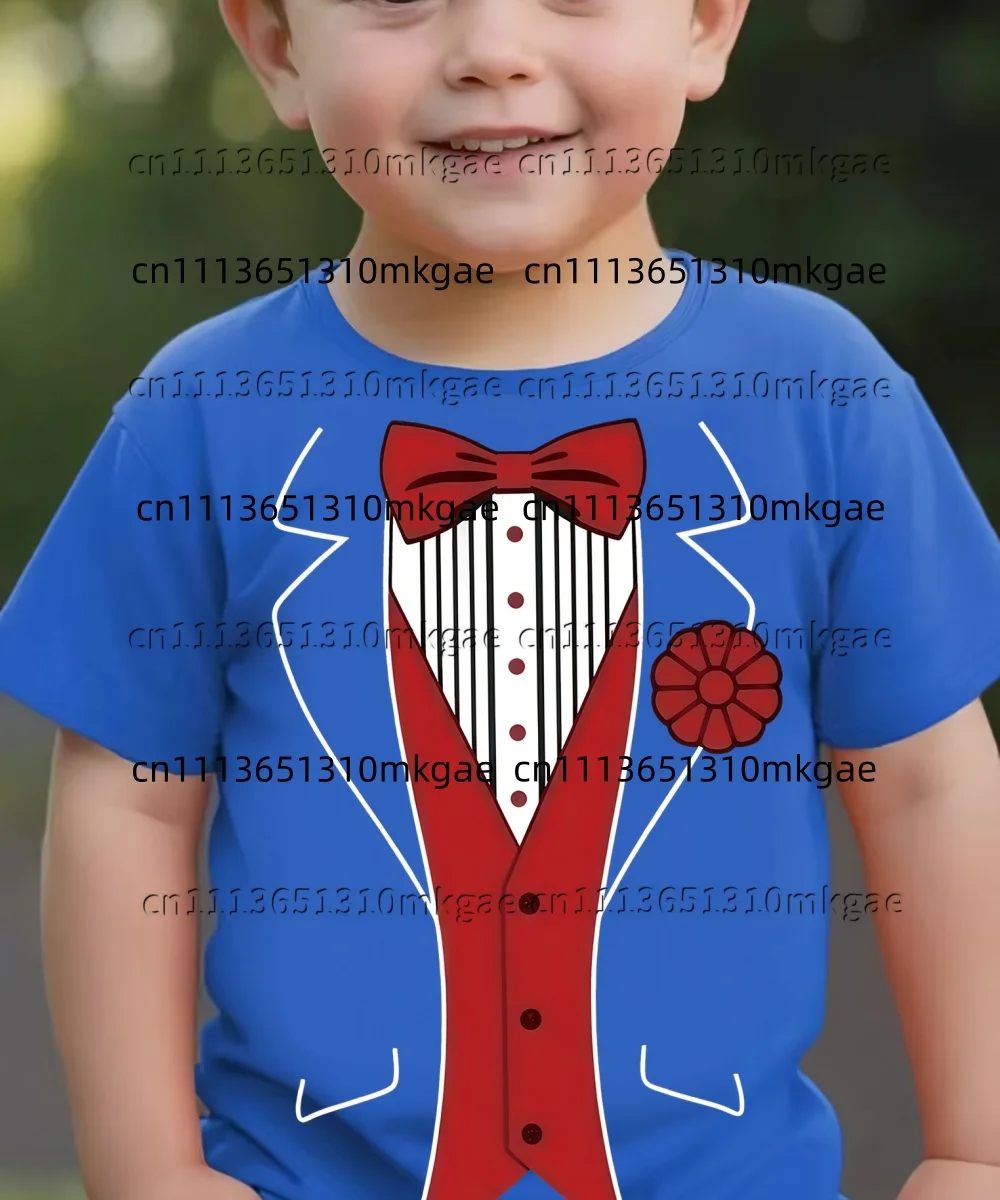 Kids Tuxedo Print Short Sleeve T-Shirt Fake Suit Graphic Tee Bow Tie Red Rose Round Neck Casual Tops Men's Shirt Kids T-shirt