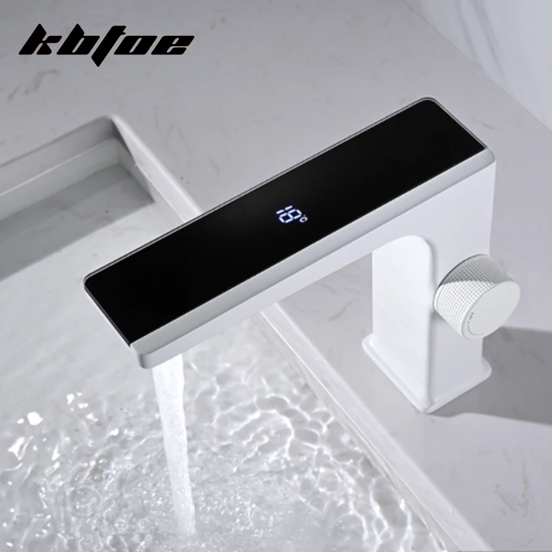 Digital Display Bathroom Basin Faucet Intelligent LED Brass Deck Mounted Washbasin Crane Hot Cold Water Mixer Sink Vanity Tap