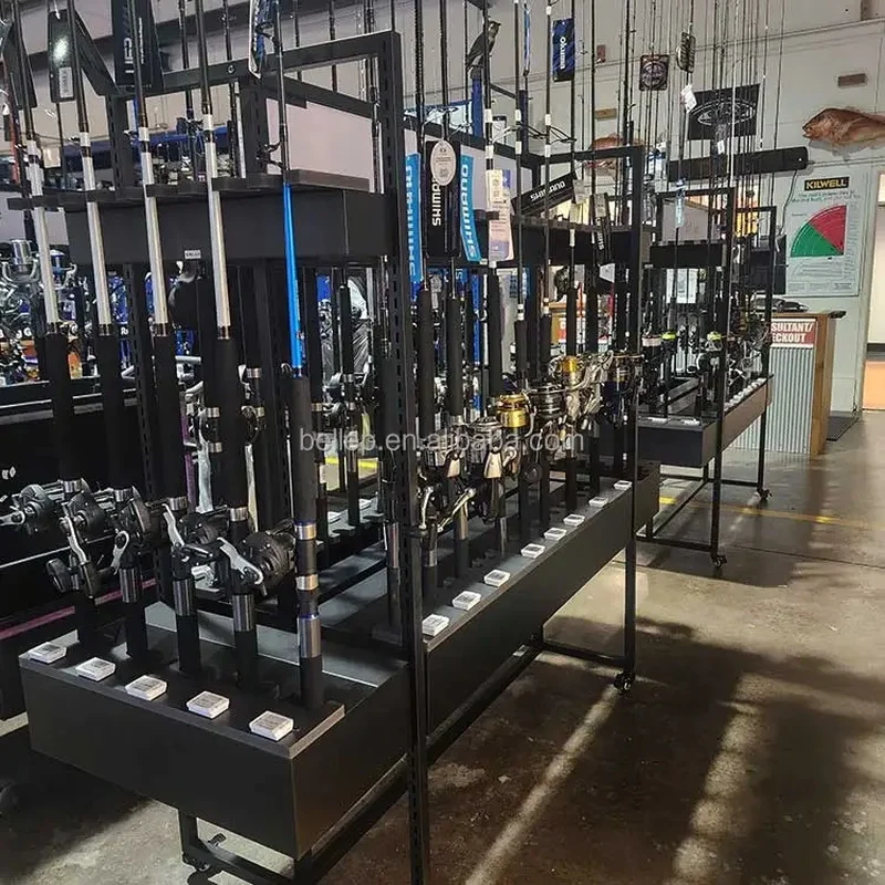 custom.Custom Mobile Black Metal Fishing Rod Stand Display Rack With Adjustable Shelves Fishing Tackle Retail Store