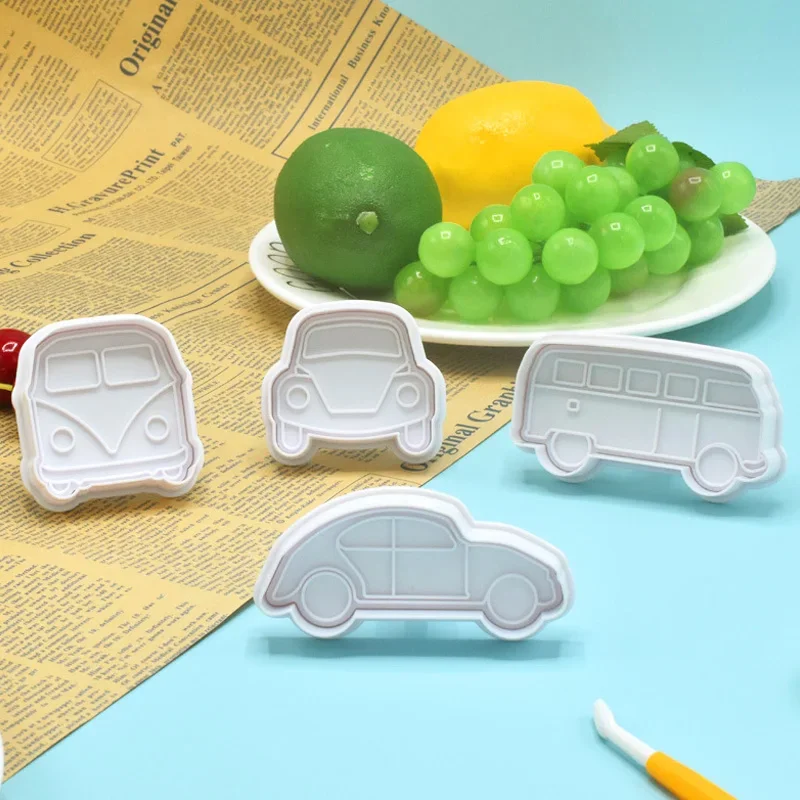 4PCS Car Cookie Cutter Vehicle Plunger Cutters Fondant Cake Decorations Cookie Embossing Birthday Party Baby Shower Biscuit Mold